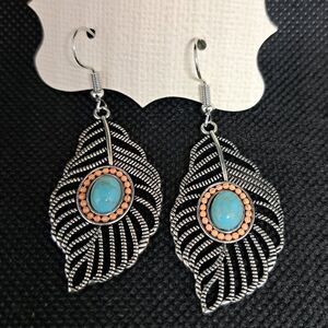 Silver Tone Western Boho Leaf Drop Earrings w/Faux Turquoise- NWOT